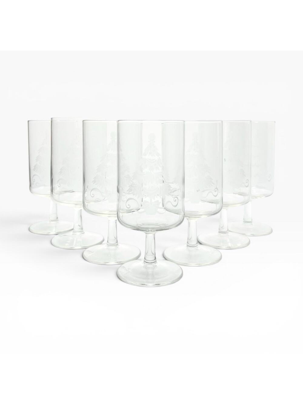 Neiman Marcus Vintage 7 Etched Christmas Tree Wine or Water Glasses 6 1/2” 14oz